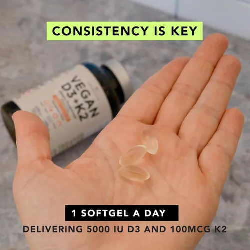 Vista 6 de Vegano prémium D3 K2. Vitamina D3 5000 iu de algas. All-Trans MK-7 K2. 120 cápsulas blandas. A base de plantas y sin carragenina. Mezcla de aceite