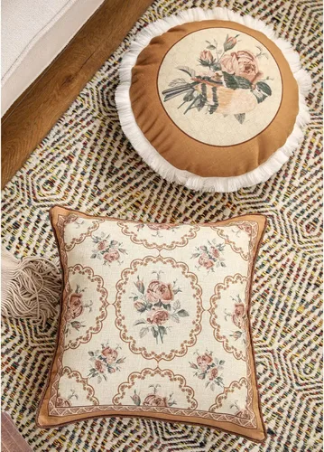 Vista 3 de patdrea Fundas de almohada de diseño floral vintage para sofá, fundas de almohada de lino marrón amarillo con patrón de pájaro y rosa, cojín
