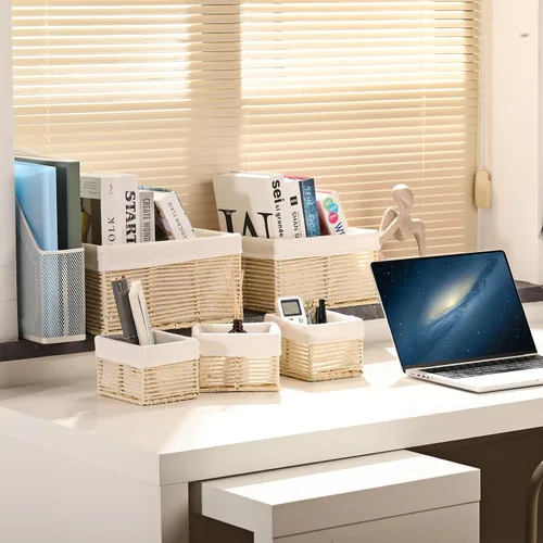 Vista 6 de Vagusicc Cesta de almacenamiento de mimbre, cesta de cuerda de papel tejida a mano, cesta rectangular pequeña para organizar, contenedor de Beige