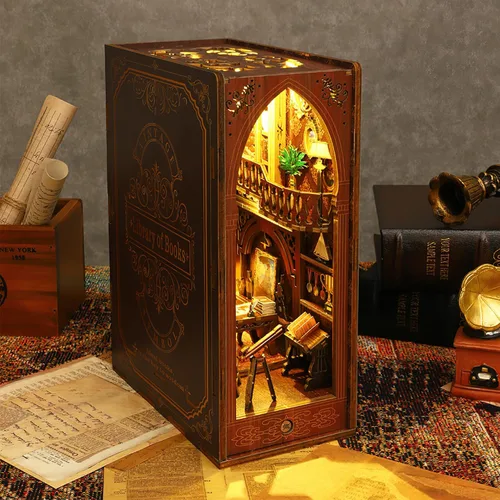 Vista 4 de Kit de rincón de libros, casa de muñecas de bricolaje, estante de libros, decoración de callejón, kit en miniatura de rincón de libros con luces