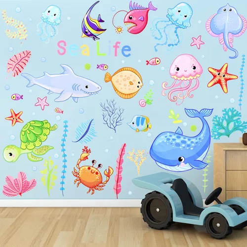 4 hojas de calcomanías de pared de vida oceánica debajo del pez marino, coloridas y extraíbles de criaturas marinas bajo el agua, medusas,