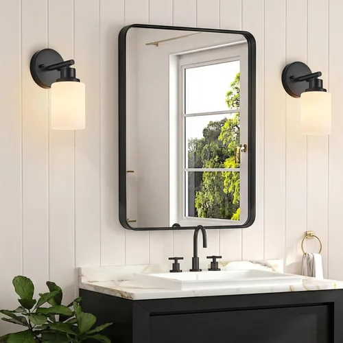 Vista 8 de Paquete de 2 luces de tocador de 1 luz, lámpara de baño negra mate con pantalla de vidrio blanco lechoso texturizado, accesorio de iluminación