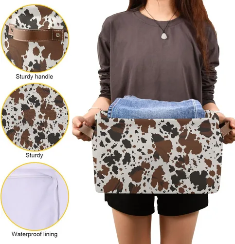 Vista 8 de xigua Cesta de almacenamiento rectangular de lona con estampado de vaca con asas para el hogar, oficina, libros, guardería, juguetes para niños