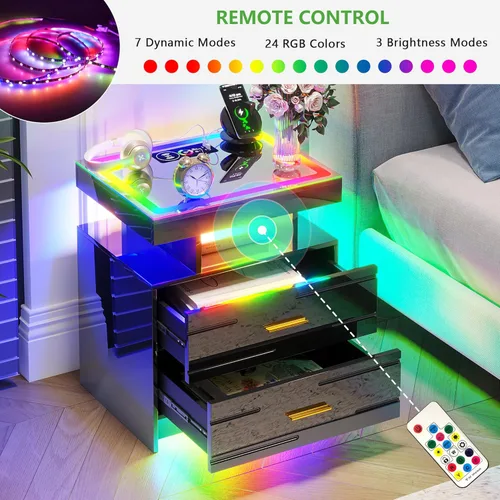 Vista 9 de HNEBC Mesita de noche LED, mesita de noche negra con estación de carga, USB + tipo C + carga inalámbrica, mesita de noche inteligente con sensor