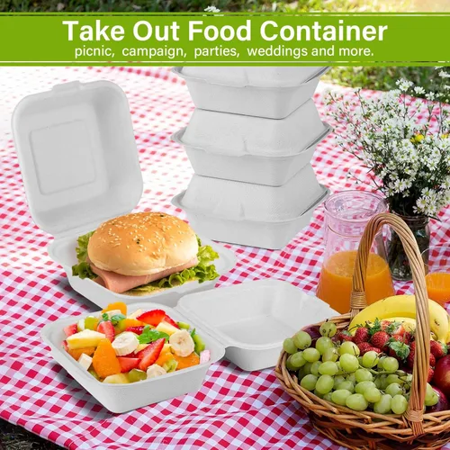 Vista 2 de greensight To Go Contenedores desechables de 6 x 6, paquete de 100 recipientes de alimentos con concha, cajas compostables para llevar, contenedores