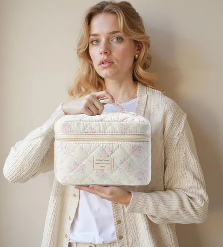 Vista 57 de HBselect Bolsa de Maquillaje Acolchada, Bolsa de Maquillaje Grande de Algodón para Viaje, Lindas Bolsas de Maquillaje con Flores Coquette, Bolsas