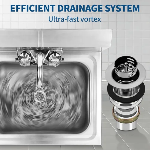 Vista 5 de BIEAMA Fregadero de mano de acero inoxidable NSF 17"x 15" montaje en pared comercial lavado de manos, con colador y grifo, para el hogar, tiendas