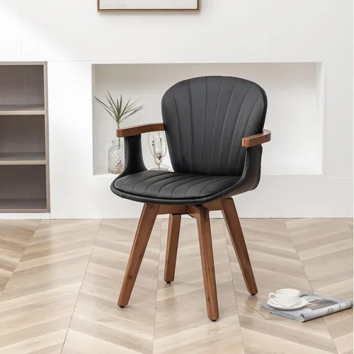 Vista 3 de LUNLING Swivel Dining Room Chairs Set of 2, Mid Century Modern Black Faux Leather Kitchen Chairs with Arms,Bamboo Legs Side Chairs No Wheels,Accent