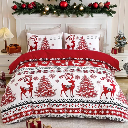 WONGS BEDDING Juego de funda de edredón de Navidad tamaño individual, 2 piezas, estampado de copos de nieve y ciervos rojos, funda de edredón con