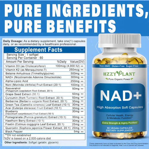 Vista 8 de Suplemento NAD+, suplementos NAD de alta absorción para mujeres para energía celular, salud de enfoque inmunológico, cápsulas de cápsulas