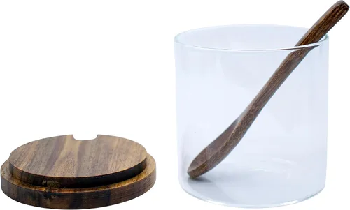 Vista 5 de Stephanie Imports Juego de 3 tarros de especias de vidrio con tapas de bambú, cucharas y bandeja