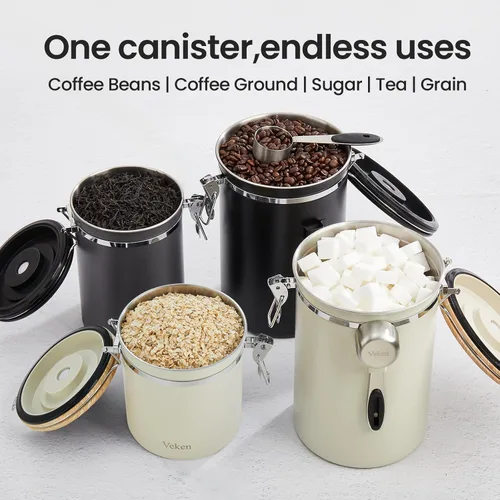Vista 8 de Veken Recipiente de café, recipiente hermético de acero inoxidable para almacenamiento de alimentos de cocina con rastreador de fecha y cuchara