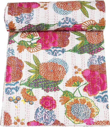 Vista 18 de Marubhumi Colchas indias hechas a mano, edredones de algodón puro reversible, edredón vintage Kantha, edredón, estampado de frutas, rosa bebé