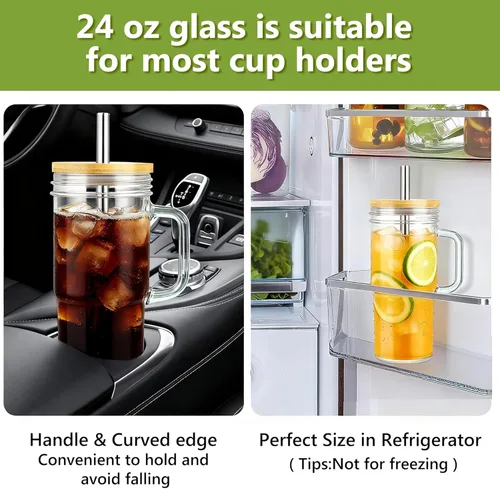 Vista 4 de Birity Tazas de vidrio de 24oz con tapas y popotes, vaso de vidrio con asa, 2 juegos – Tazas de café helado reutilizables con tapa y popote