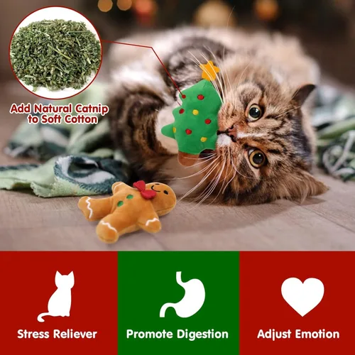 Vista 2 de Vansolinne Juguetes de Navidad con hierba gatera, 6 juguetes interactivos masticables para gatos de interior, juego de juguetes de dentición