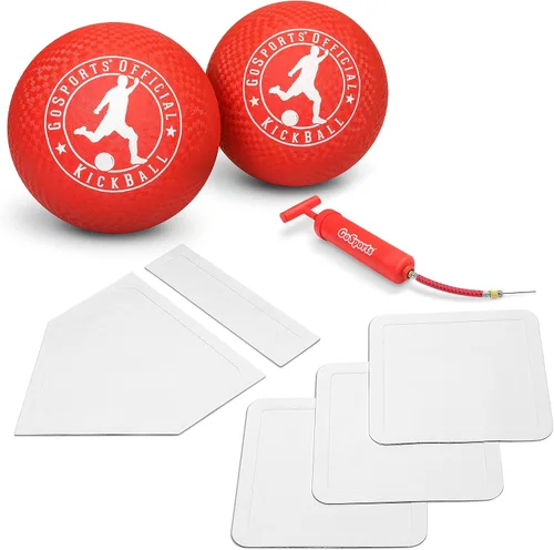 GoSports Juego de kickball de 10 pulgadas con bases, paquete de 2 pelotas de pateo, bases de bomba y lanzamiento, adulto, adolescente, niño grande