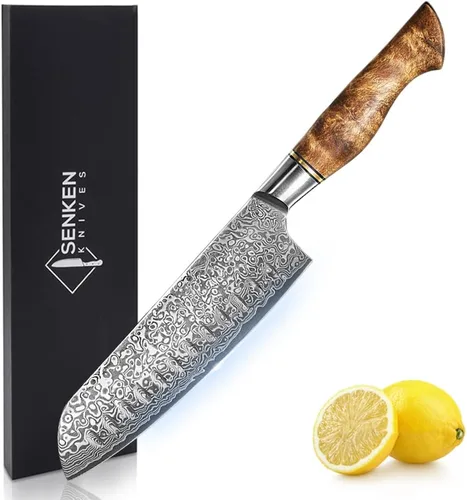 Vista 10 de SENKEN - Cuchillo de chef de acero de Damasco de 8 pulgadas, colección Dynasty, acero japonés VG10 de 67 capas con mango de madera de sicomoro, filo