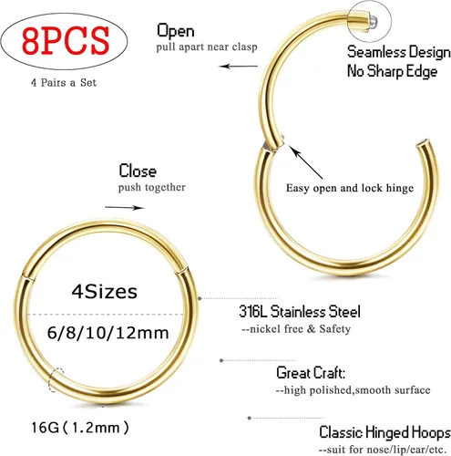 Vista 2 de Jstyle 8Pcs 16G Surgical Steel Hinged Clicker Segment Nose Rings Hoop Helix Cartilage Daith Tragus Sleeper Earrings Body Piercing 6-12MM Improved