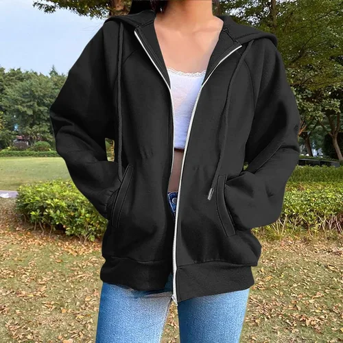 Vista 3 de JOFOW Sudaderas con capucha y cremallera para mujer 2026 Y2K 3- Negro