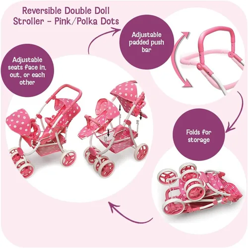 Vista 2 de Badger Basket Cochecito de muñeca doble reversible con lunares para muñecas de 16 pulgadas - rosa/lunares con asientos extraíbles