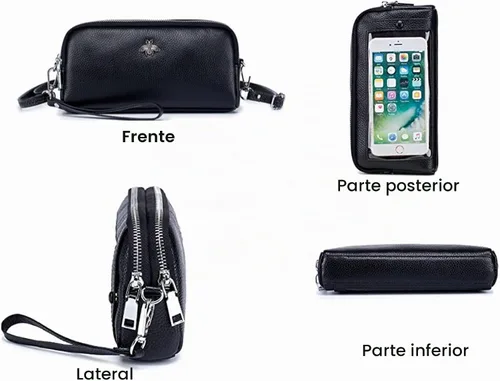 Vista 4 de Cuero genuino pantalla táctil teléfono bolso bolso bolso cartera cartera para mujeres niñas L1- Negro