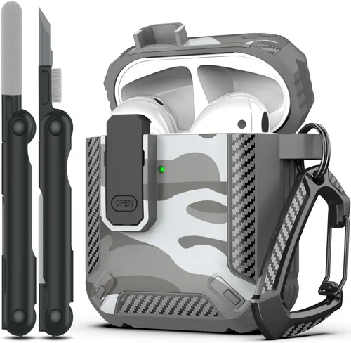 Vista 22 de RFUNGUANGO Funda para AirPod de 2ª generación con kit de limpieza, armadura protectora de carcasa dura militar con bloqueo para funda de carga