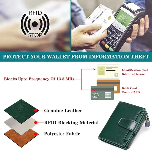 Vista 6 de FALAN MULE - Cartera de cuero auténtico para mujer, pequeña plegable , compacta, con interferencia de radiofrecuencia (RFID)
