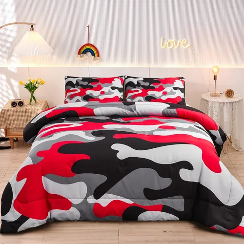 Vista 17 de Meeting Story Juego de ropa de cama de camuflaje, juego de edredón estilo patrón colorido, 5 piezas, un edredón, dos fundas de almohada, dos sábanas