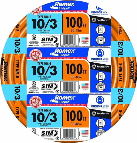 Southwire Romex Brand Simpull Sólido para Interiores 10/3 W/G Cable NMB Bobina de 100 pies, Naranja SW# 28828228