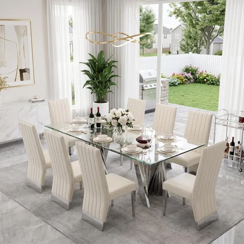 Vista 14 de Juego de mesa de comedor de 5 piezas, juego de mesa de comedor para 4, mesa de comedor de vidrio transparente con 4 sillas de comedor tapizadas