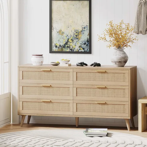 Vista 89 de Rovaurx Cómoda doble de 6 cajones para dormitorio, cómoda de ratán, cómoda de madera moderna con asas doradas, mesa auxiliar para armario, sala