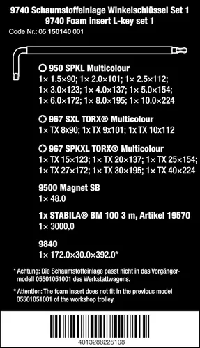 Vista 2 de Wera 05150140001 9740 Inserto de espuma L-Key Set 1, 20 piezas