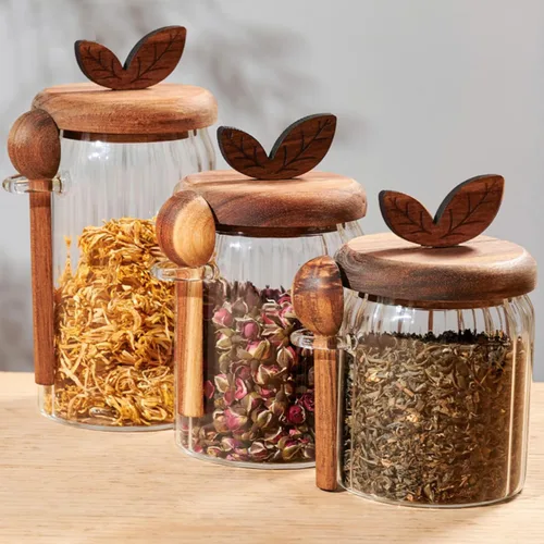 Vista 6 de ANSQU Tarro de vidrio con tapa y cuchara de madera, recipientes de almacenamiento de alimentos de vidrio de 20.3 onzas, recipiente de café molido