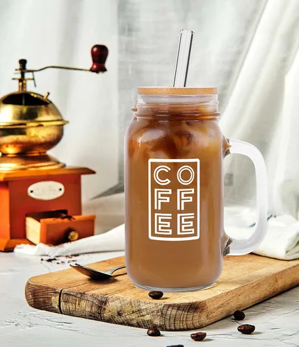 Vista 3 de Tarro de Mason con tapa y pajita de ANOTION, taza de café helado de 24 onzas con boca regular, tarros de Mason con asa, vasos de vidrio