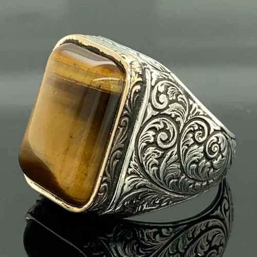Vista 2 de Men Handmade Ring, Tiger Eye Stone Ring, Natural Tiger Eye Gemstone Ring, Turkısh Handmade 925k Sterling Silver Ring, Gift For Him