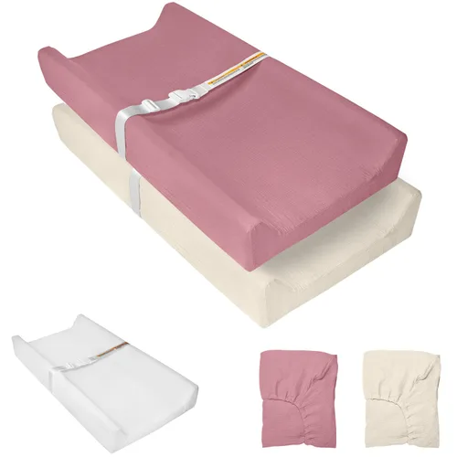Vista 9 de Cambiador de muselina para bebé, paquete de 2 fundas de muselina de algodón suave y forro impermeable de espuma, almohadilla para mesa cambiadora