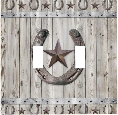 Vista 45 de Cubiertas de pared de estilo rústico occidental de madera puerta de granero herradura de hierro estrella placas de pared simple dúplex cubiertas