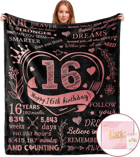 Vista 8 de Regalos de dulces 16 para adolescentes, manta de cumpleaños 16 de 60 x 50 pulgadas con caja de regalo, decoraciones