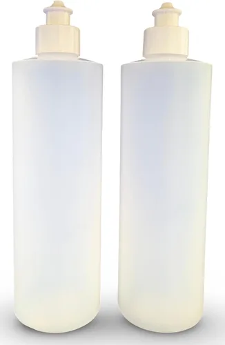 Vista 2 de Earth's Essentials Paquete de 2 Botellas Exprimibles Rellenables de 16 Onzas de HDPE con Tapas Dispensadoras Superiores con Botón Push/Pull