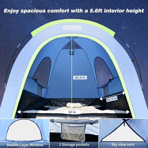 Vista 5 de Tecoom Truck Bed Tent, Double Layer Waterproof PU3000mm for 5.5-6.7ft, Portable 2/3 Person Compact Full Size Pickup with Rain Fly for Back of