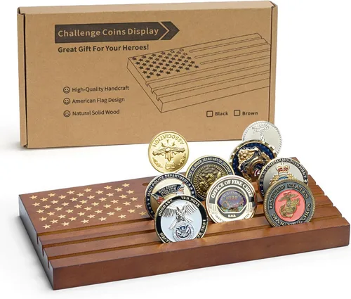 Vista 6 de Samplife Estante para monedas, soporte de exhibición de monedas de desafío, estantes de madera del ejército coleccionable, soporte para monedas