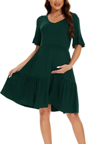 Vista 3 de Smallshow Vestido de maternidad para mujer, con volantes, manga corta, ropa de embarazo de verano
