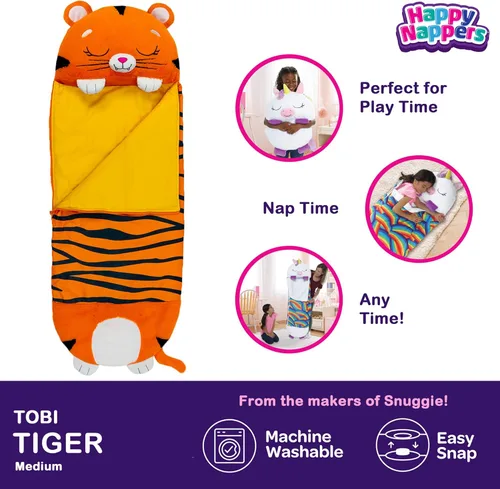 Vista 2 de Happy Nappers: Pillow & Sleepy Sack: Large - Tiger Tobi - 66 x 30, 2-in-1: Plush Animal Opens Into Sleeping Bag, Soft Play & Nap Character, Kids 3+