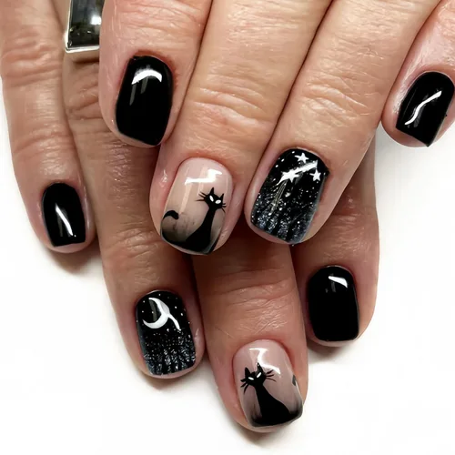 Vista 10 de Uñas postizas medianas a presión de Halloween, con diseños de diamantes de imitación de telaraña blanca, cobertura completa, uñas acrílicas negras