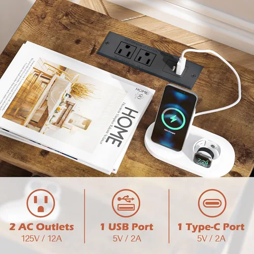 Vista 7 de SUPERJARE - Juego de 2 mesitas de noche con base de carga, cajón de tela ajustable, mesita de noche para dormitorio, de 3 niveles, para sala
