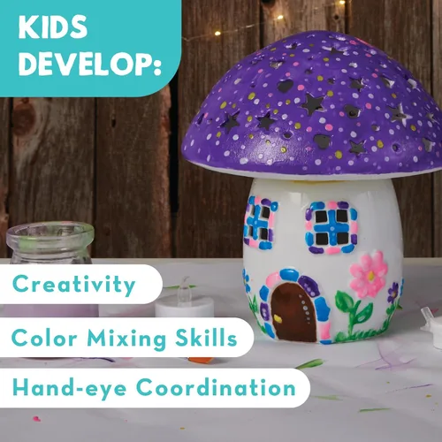Vista 6 de MindWare Paint Your Own Fairy Mushroom House Light - Craft Kit Includes 2 Tea Lights, Paint, Brushes and Instruction Guide