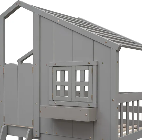 Vista 60 de Cama de casa de tamaño individual con elegantes ventanas y estantería, litera con diseño de castillo de madera con barandillas de seguridad