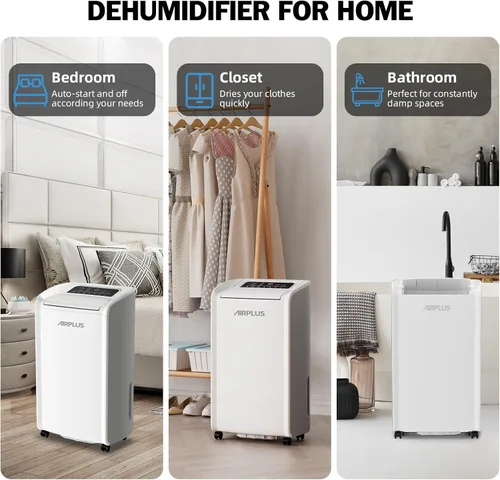 Vista 8 de AIRPLUS Deshumidificador de 4,500 pies cuadrados de 70 pintas para sótanos y hogar, con manguera de drenaje, eficiente, energía, con doble