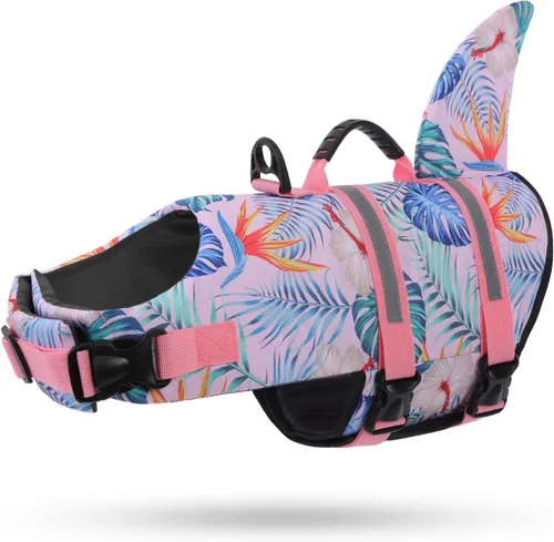 Vista 35 de Queenmore - Chaleco salvavidas para perros pequeños, medianos, grandes, estilo pescado, chaleco flotante con mango de goma suave ajustable, M