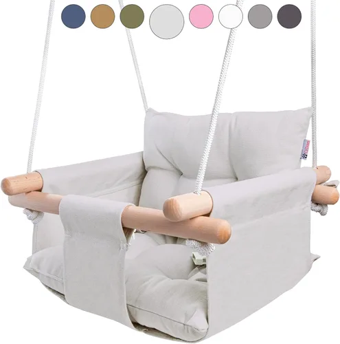 Vista 14 de CaTeam - Columpio de lona para bebé, silla colgante de madera con cinturón de seguridad, silla de columpio para bebé duradera, columpio